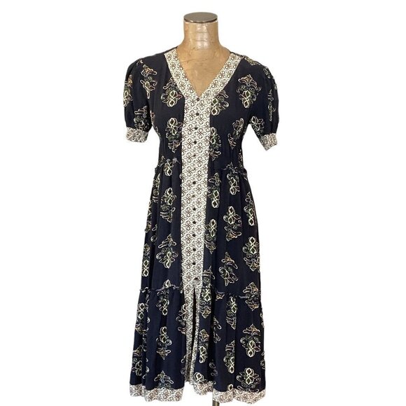 LAPIS BOHO Prairie Tiered Midi Dress Short Sleeve Empire Waist Sz M #267G - Picture 2 of 10